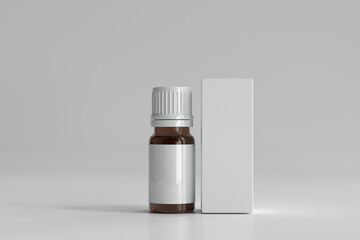 Amber Glass Medicine Bottle and Box 3D Rendering