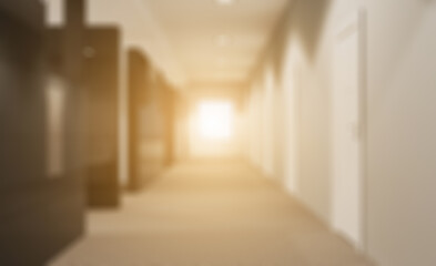 Bokeh blurred phototography.  Modern office building interior. 3D rendering.. Sunset.. Modern