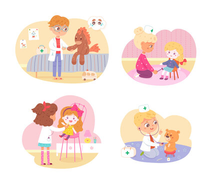 Kids playing doctor set. Little boys and girls with toys as patients vector illustration. Cute children treating sick patients: horse, dolls, teddy bear. Childhood activity