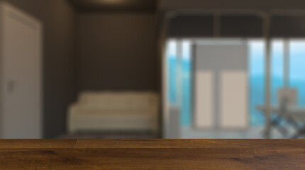 Background with empty table. Flooring. Modern office building interior. 3D rendering.. Blank paintings.