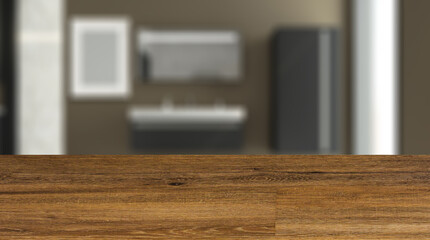 Background with empty wooden table. Flooring. Spacious bathroom in gray tones with heated floors, freestanding