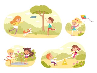 Children playing in park or playground set. Happy kids doing outdoor summer activities vector illustration. Child with flying kite, boy and girl with dog and frisbee, on swing, carousel