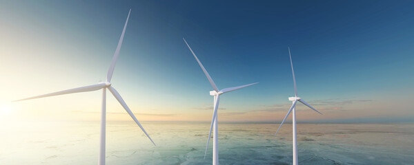 Wind turbines generate electricity. 3D illustration. Wind turbines: 3d-model. Background: photo-panorama. Sunset.
