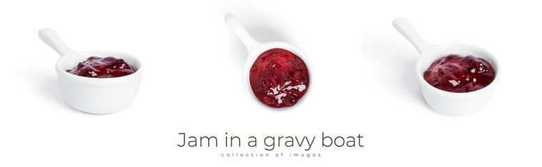 Jam in a gravy boat isolated on a white background. Purple jam.