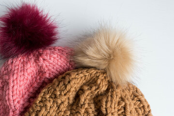 hand knit pompom hats with fur trim 