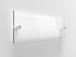 Blank Transparent Glass Interior Office Corporate Signage Plate Mock Up Template, Clear Printing Board For Branding, Logo. Transparent acrilic advertising signboard mock-up front view. 3D rendering
