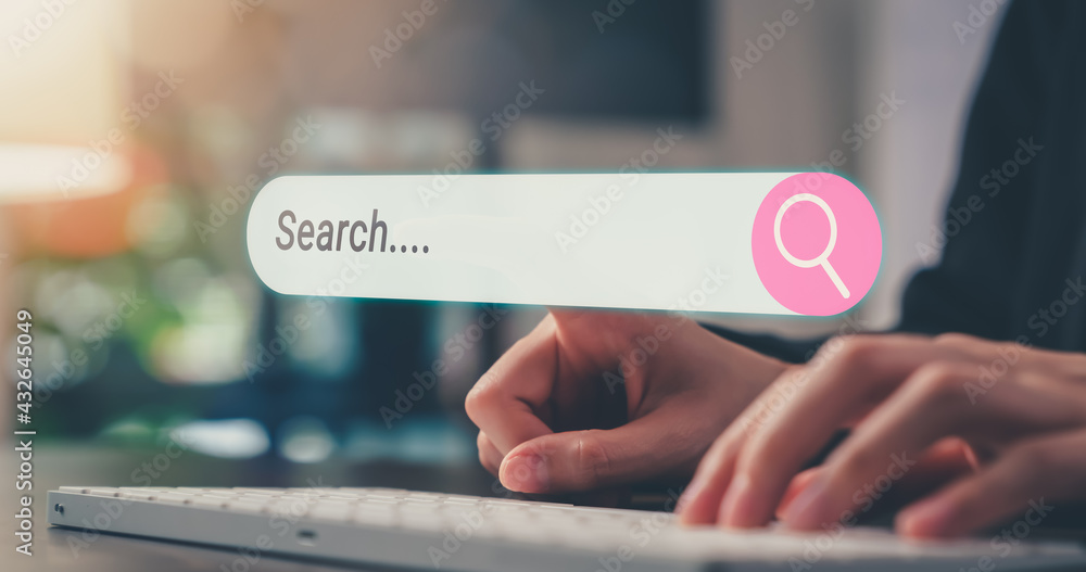 Poster woman type text on the keyboard and searching browsing internet button on virtual on screen mobile.