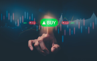 Stock exchange market concept, hand touching on trading icon screen with graphs analysis candle line on bokeh colors light.