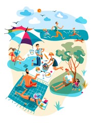 Vector people rest during picnic on beach set