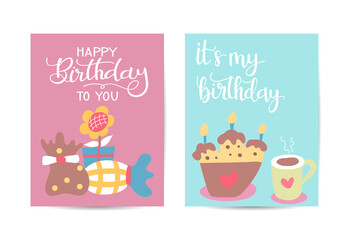 Happy birthday greeting card. Lovely birthday Cakes with candles.