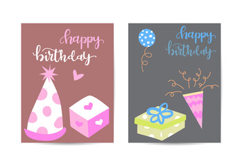 birthday greeting and invitation card. there are teddy bear, gift boxes, confetti, cup cake. layout template in A4 size. vector illustration