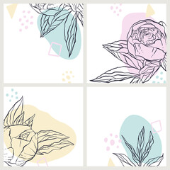Set of social media backgrounds. Delicate floral templates. Hand drawn peony flowers and organic shapes.