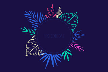 Tropical background. Circle wreath with palm and exotic plants leaves. Hand drawn doodles.