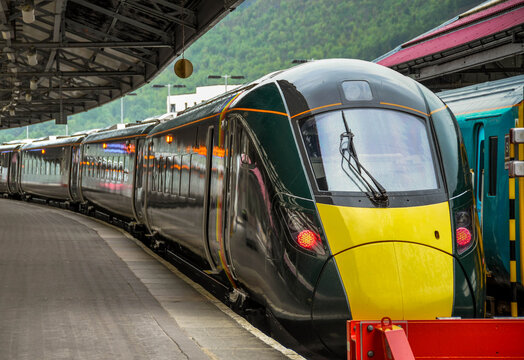 Swansea, Wales - July 2018: High speed train Swansea railway station. The train service is operated by Great Western Railway. Swansea is the terminus station of the line to London