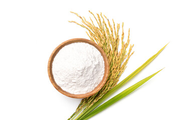 Flat lay (Top view) of White rice flour in wooden bowl with rice ears isolated on white background.