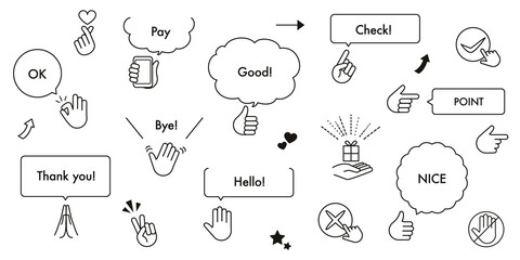 吹き出しと手のアイコンの線画のベクターイラストセット(ハンドサイン)