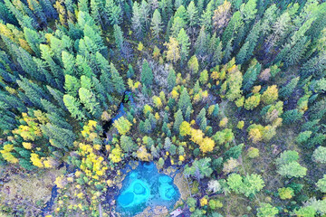 Naklejka na ściany i meble geyser lake altai aerial view from drone, blue lake landscape