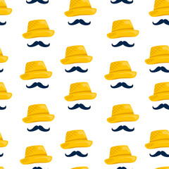 Seamless pattern with straw hat and mustache. Vector illustration