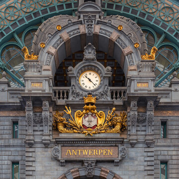 Central Railway Station in Antwerp interior with classical style clock (Centraal Station Antwerpen), Belgium.