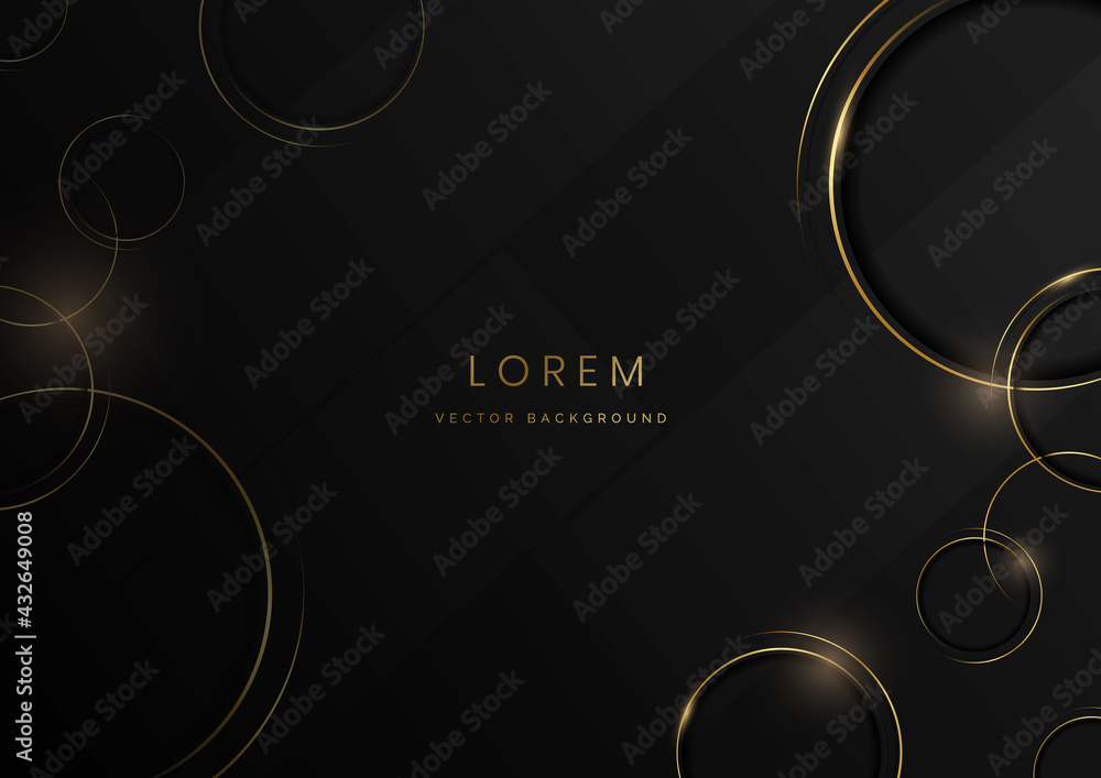 Poster abstract template gold circle lines geometric overlapping with copy space for text on black backgrou