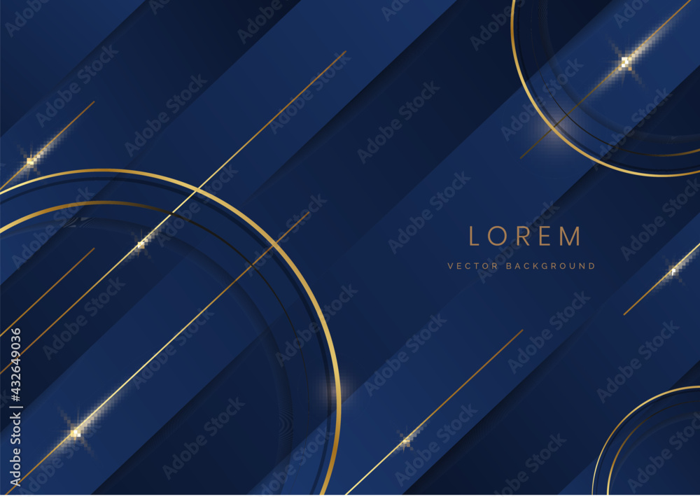 Poster abstract template gold circle lines geometric overlapping with copy space for text on blue backgroun