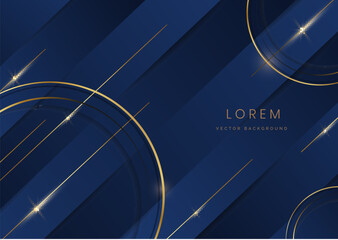Abstract template gold circle lines geometric overlapping with copy space for text on blue background.