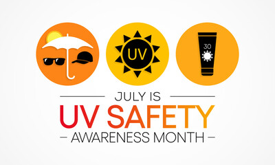 UV safety awareness month is observed every year in July, it is a type of electromagnetic radiation that makes black light posters glow, and is responsible for summer tans and sunburns. Vector art.