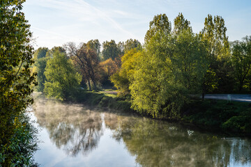 morning mist over the water of an old rhine cut off
