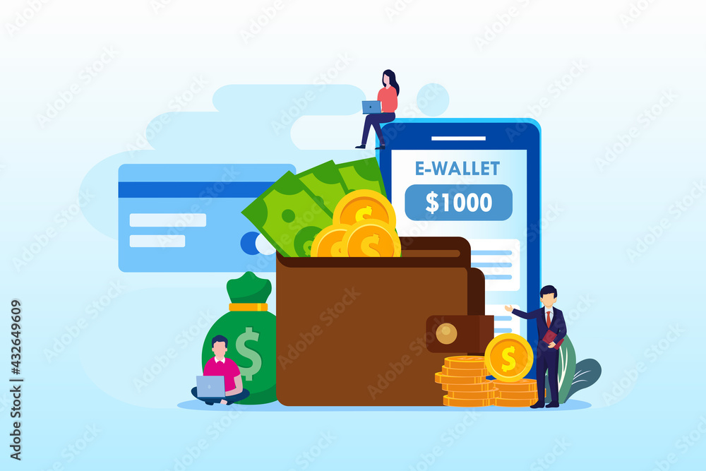 Poster e-wallet payment application smartphone. flat vector template style suitable for web landing page, b