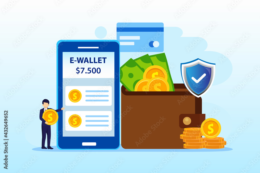 Poster e-wallet payment application smartphone. flat vector template style suitable for web landing page, b