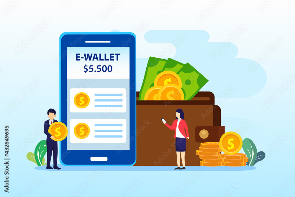 Poster e-wallet payment application smartphone. flat vector template style suitable for web landing page, b