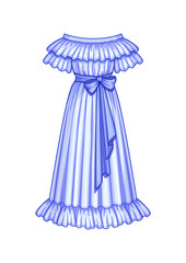 Off the shoulder long flared blue dress with ruffle short sleeves. Ruffle neckline and hem. Maxi length. Waist belt with a bow. Vector illustration. Technical flat sketch.