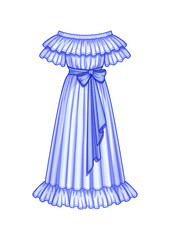 Off the shoulder long flared blue dress with ruffle short sleeves. Ruffle neckline and hem. Maxi length. Waist belt with a bow. Vector illustration. Technical flat sketch.