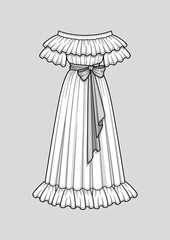 Off the shoulder long flared dress with ruffle short sleeves. Ruffle neckline and hem. Maxi length. Waist belt with a bow. Technical flat sketch. Vector illustration.