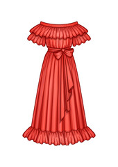 Off the shoulder long flared red dress with ruffle short sleeves. Ruffle neckline and hem. Maxi length. Waist belt with a bow. Technical flat sketch. Vector illustration.