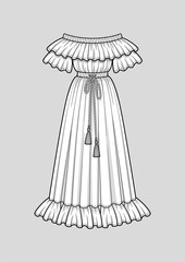 Off the shoulder long flared dress with ruffle short sleeves. Ruffle neckline and hem. Elastic waist and neckline. Tasseled tie waist. Maxi length. Technical flat sketch, vector.
