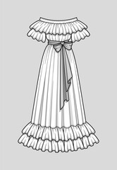 Off the shoulder long flared dress with ruffle short sleeves. Ruffle neckline and double ruffle hem. Floor length. Waist belt with a bow. Technical flat sketch. Vector illustration.