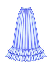 Long flared pale blue skirt with double ruffle hem. Elastic smocked waist. Floor length. Vector illustration.