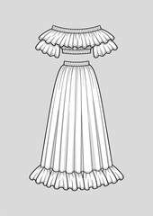 Off the shoulder smocked cropped top with ruffle neckline and short sleeves, elastic hem and neckline. Flared long skirt with ruffle hem, elastic smocked waist. Vector. Technical flat sketch.