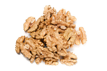Pile of walnuts isolated on a white background. Top view.