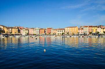 Fototapeta na wymiar Romantic Old town of Rovinj, Istrian Peninsula, Adriatic sea, Croatia. Popular tourist destination. Old houses, harbour and marina with boats on the sea. Coastal town Rovigno. Istra. Waterfront