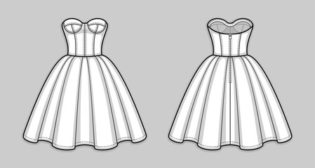 Knee-length corset bodice dress with strapless neckline, panel lines and cups, seam at waist, back zip closure, flared skirt with pleats. Back and front. Technical flat sketch. Vector illustration.