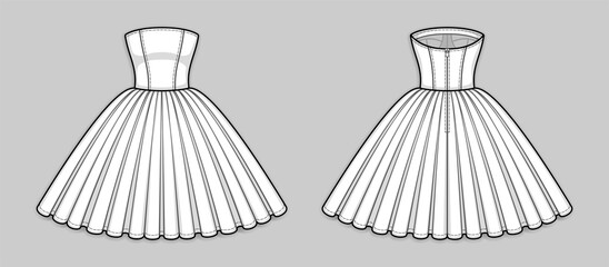 Knee-length corset bodice dress with strapless straight across neckline, seam at waist, back zip closure, full volume skirt. Back and front. Technical flat sketch. Vector illustration.