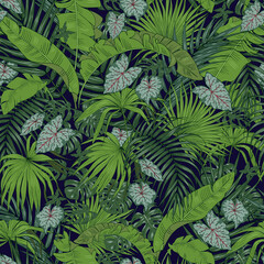  leaves of tropical plants and palm trees  seamless