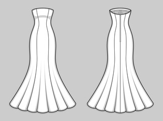 Maxi fitted mermaid dress with strapless straight across neckline, mid-open back, back zip clasp. Gored bodycon sleeveless dress with flared hemline. Back and front. Technical flat sketch, vector.