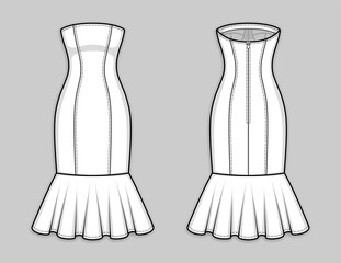 Midi pencil dress with panel lines, strapless straight across neckline, flounce hem, back zip clasp. Bodycon fishtail dress. Back and front. Technical flat sketch. Vector illustration.
