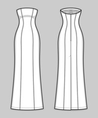 Maxi close-fitting column dress with panel lines, strapless straight across neckline, back zip clasp, kick pleat. Bodycon dress. Back and front. Technical flat sketch. Vector illustration.