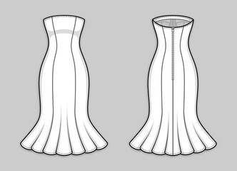 Midi fitted mermaid dress with strapless straight across neckline, mid-open back, back zip clasp. Gored bodycon sleeveless dress with flared hemline. Back and front. Technical flat sketch, vector.