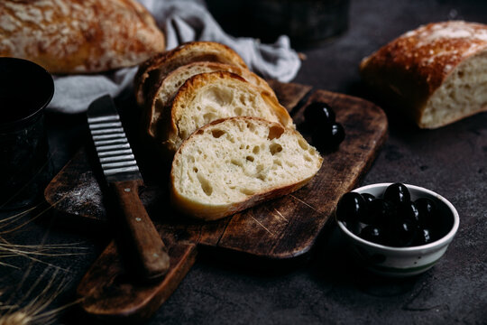 Homemade Ciabatta Bread. Bread with olives