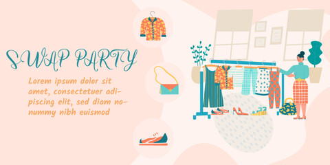 Swap party concept. Eco friendly party, exchange clothes, shoes and accessories. Vector illustration for banner, poster, layout,flyer, invitation, advert